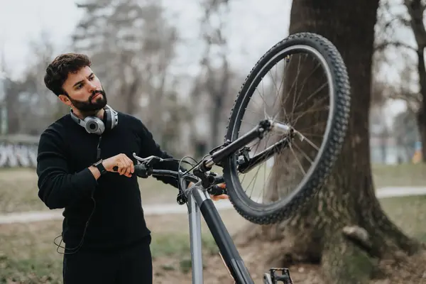 Professional Man Engaging Maintenance His Mountain Bike Outdoors Depicting Blend — Stock Photo, Image
