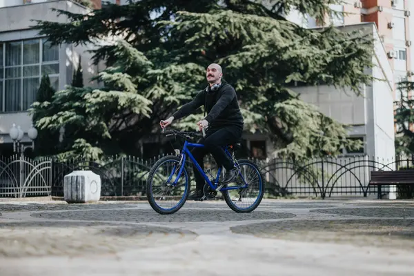 Güneşli Bir Günde Şehir Parkında Bisiklet Sürerken Gülümseyen Sıradan Giyinmiş — Stok fotoğraf