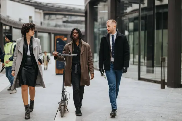 Τρεις Νέοι Πολυφυλετικοί Επιχειρηματικοί Εταίροι Περπατούν Μαζί Ένα Σύγχρονο Αστικό — Φωτογραφία Αρχείου
