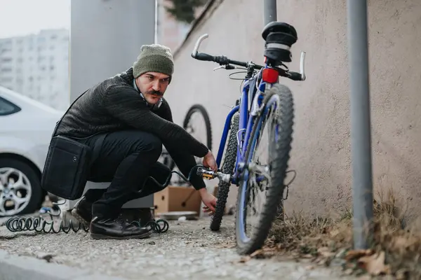 Odaklanmış Bir Adam Ayrılmadan Önce Bisikletini Kilitleyerek Şehir Bisikletinin Güvenliğini — Stok fotoğraf