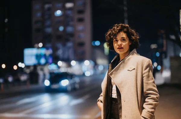 Stylish Young Woman Chic Coat Strolling City Night Street Lights — Stock Photo, Image
