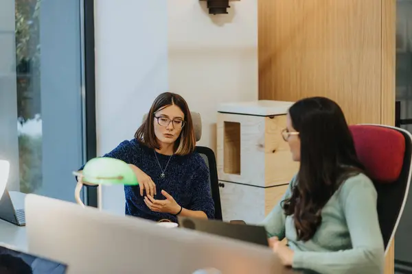 两名重点突出的女性专业人员正在一个现代化的办公室环境中进行协作 通过计算机讨论与工作有关的事项 他们的参与反映了一种协作的工作环境 — 图库照片