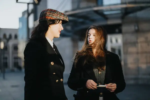 都会で会話をする2人のスタイリッシュな女性 — ストック写真