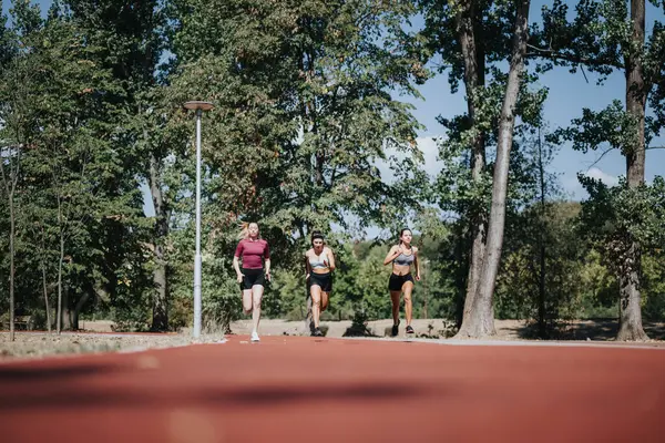 活跃的女慢跑者在户外享受阳光灿烂的日子 在公园一起训练 健康的生活方式 运动和健康是他们的首要任务 — 图库照片
