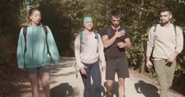 Vrienden Wandelen Plezier Maken Bergen Een Gezonde Levensstijl Midden Natuur — Stockvideo