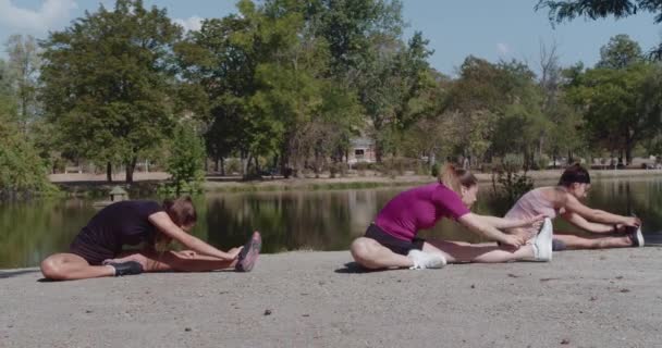 Spokojna Scena Trzech Kobiet Ćwiczących Razem Malowniczym Parku Jeziorem Promującym — Wideo stockowe