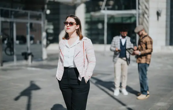 一位身穿商务服装的年轻女性自信地站在前排 而她的男同事则在室外城市的背景下谈论工作 — 图库照片