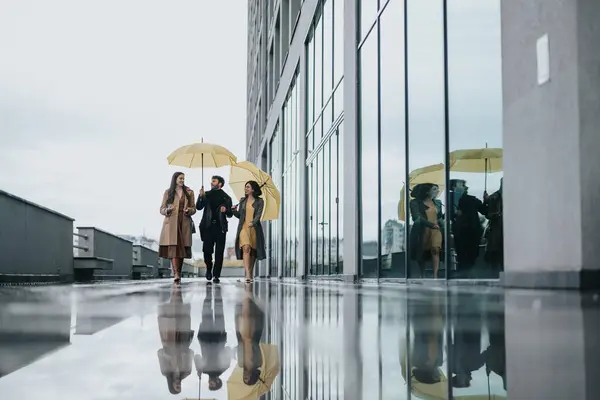 Three business people with umbrellas are walking together on a wet city sidewalk, reflecting on the shiny ground.
