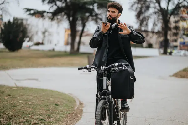 Bir Erkek Girişimci Şehir Parkında Bisikletiyle Akıllı Bir Telefon Kulaklık — Stok fotoğraf