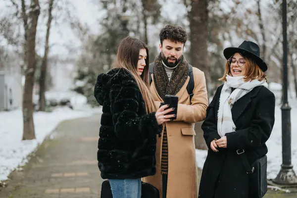 Group Young Business Teammates Collaborate Project While Gathered Snow Covered — Stock Photo, Image