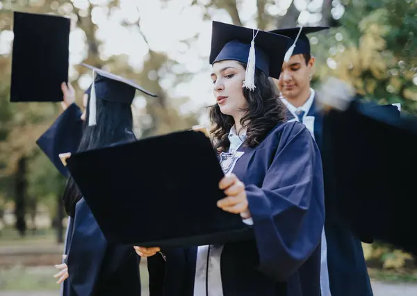 Diverse University Students Graduation Gowns Celebrate Achievement Outdoors Walking Sunny — Stock Photo, Image