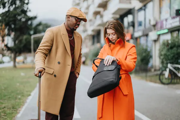Elegant Multiracial Business Couple Enjoying Post Work Stroll Two Seen — Stock Photo, Image