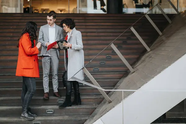 Drei Multiethnische Geschäftsleute Unterhalten Sich Auf Städtischen Treppen Mit Dokumenten — Stockfoto