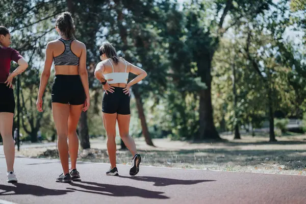 合适的女性一起慢跑 在公园里享受阳光灿烂的一天 他们在室外训练 保持活跃和健康 他们的运动身体表现出他们对健身和健身的热诚 — 图库照片