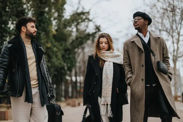 Multiracial Business Teammates Walking Talking Urban City Setting — Stock fotografie