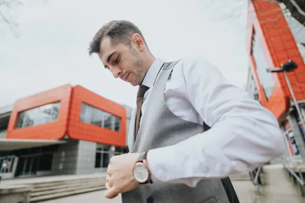 Profesjonalny Biznesmen Dopasowujący Krawat Przed Spotkaniem Biznesowym Świeżym Powietrzu — Zdjęcie stockowe