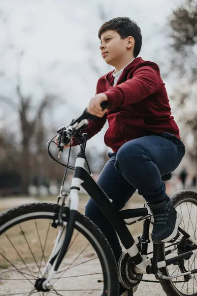 一个小男孩在公园里骑自行车 描绘了一种快乐和积极的生活方式 — 图库照片