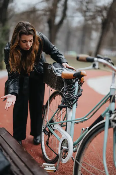 Jeune Femme Confiante Tenue Élégante Avec Son Vélo Extérieur Représentant — Photo