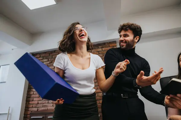 Joyful Colleagues Celebrating Success Laughter Applause Modern Office Setting Conveying — Stock Photo, Image
