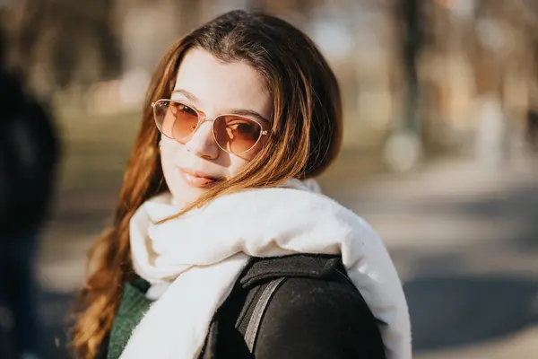 Captivating Portrait Fashionable Young Woman Wearing Sunglasses Cozy Scarf Basking — Stock Photo, Image
