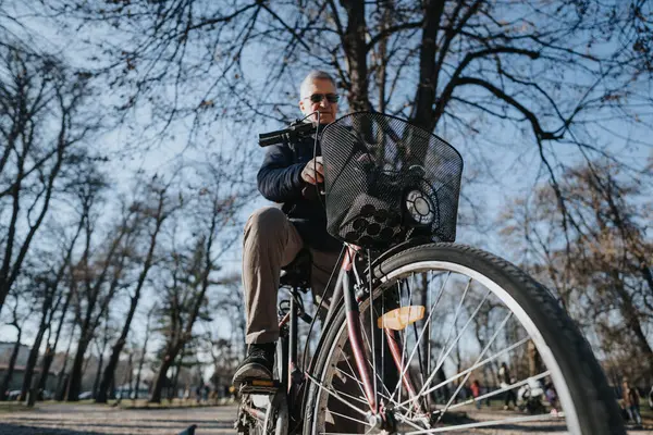 Active elderly gentleman cycling in a tranquil park setting, showcasing mobility and healthy lifestyle for seniors in natural daylight.
