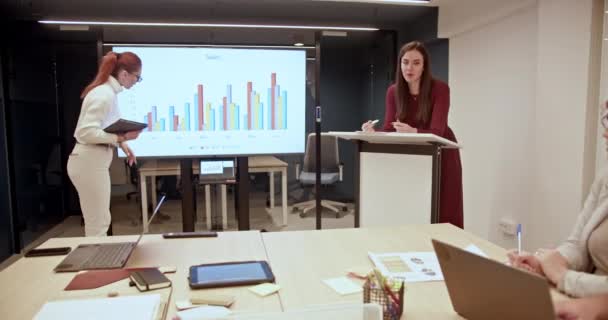 Сосредоточенная Команда Корпоративном Конференц Зале Рассматривает Диаграммы Эффективности Продаж Проекционном — стоковое видео