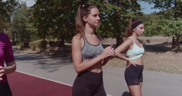 도시의 공원에서 달리기를 준비하는 여성과 우정과 피트니스의 본질을 포착하는 이미지 — 비디오