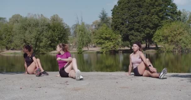 Dvě Ženy Protahují Užívají Klidnou Atmosféru Parku Ztělesňující Zdravý Životní — Stock video