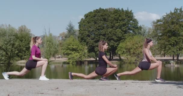Koncepcja Fitnessu Świeżym Powietrzu Trzema Młodymi Kobietami Odzieży Sportowej Które — Wideo stockowe
