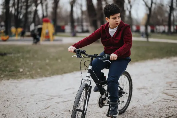 Niño Alegre Montando Bicicleta Aire Libre Parque Mostrando Energía Actividad —  Fotos de Stock