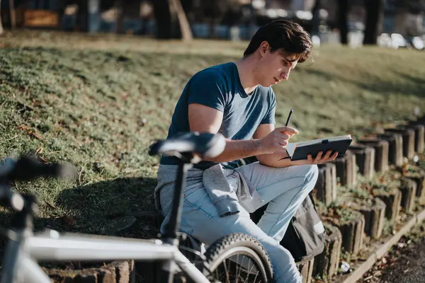 在一个阳光灿烂的日子里 一个心烦意乱的年轻人骑着自行车躺在公园的长椅上 在笔记本上写下了他的想法 — 图库照片