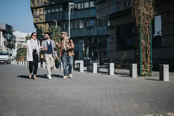 Group Young Professionals Engage Productive Business Discussion Strolling Urban Setting — Stock Photo, Image