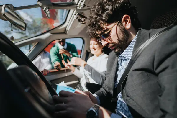 Group of business people in formal attire sharing a ride in a car, depicting carpooling, teamwork, and corporate lifestyle.