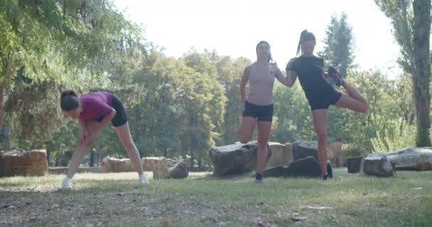 Tres Mujeres Atléticas Que Estiran Hacen Ejercicio Aire Libre Juntas — Vídeos de Stock