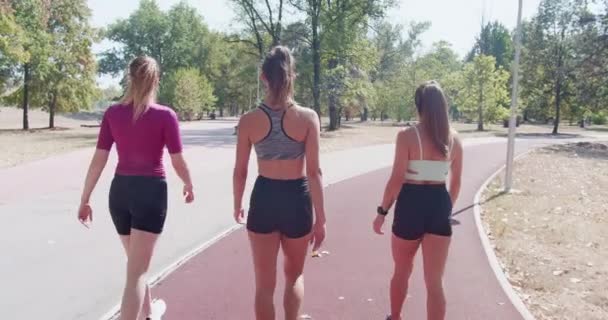 Drie Fitte Vrouwen Genieten Samen Van Een Wandeling Een Succesvolle — Stockvideo