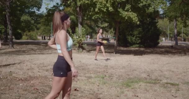 一群女运动员在一个宁静的公园里进行户外运动 象征着晴朗天空下的健康和活力 他们在玩橄榄球 — 图库视频影像