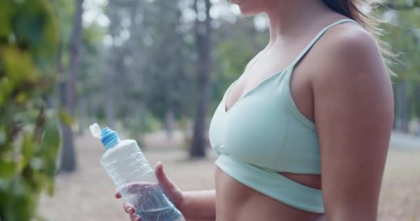 Uma Menina Atlética Atraente Fazendo Uma Pausa Água Ensolarado Parque — Vídeo de Stock