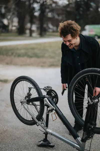 Jovem Empresário Sexo Masculino Está Envolvido Fixação Sua Bicicleta Ambiente — Fotografia de Stock