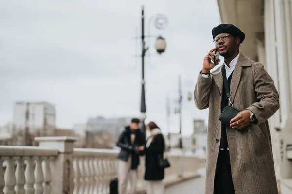 Stylish Businessman Phone Call Outdoors Urban Background — Stock Photo, Image