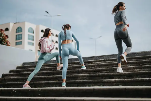 Drei Frauen Sportlicher Kleidung Laufen Energisch Die Außentreppe Hinauf Und — Stockfoto