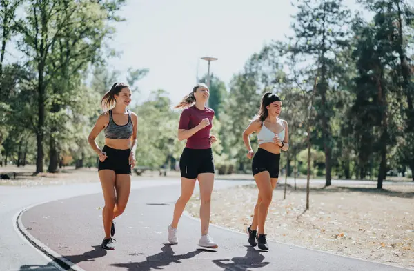Вмістити Жінок Бігати Тренуватися Разом Міському Парку Насолоджуючись Спортом Свіжому — стокове фото