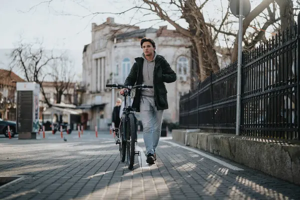 Stylish Urban Man Bicycle Walking City Street Pavement Daylight — Stock Photo, Image