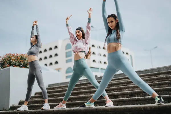 Drie Jonge Atletische Vrouwen Doen Stretching Oefeningen Buitentrap Die Gezondheid — Stockfoto