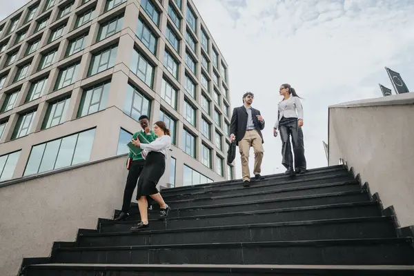 A motivated startup team is actively engaged in a business discussion outdoors, walking down stairs beside a modern office building.