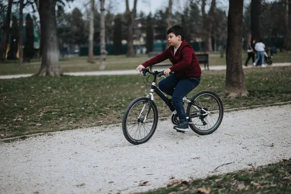 Niño Montando Bicicleta Por Parque Ejemplificando Una Infancia Activa Alegre —  Fotos de Stock