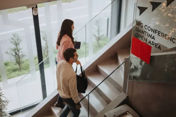 Senior Businesspeople Walking Modern Office Setting Stairs Corporate Environment — Stock Photo, Image