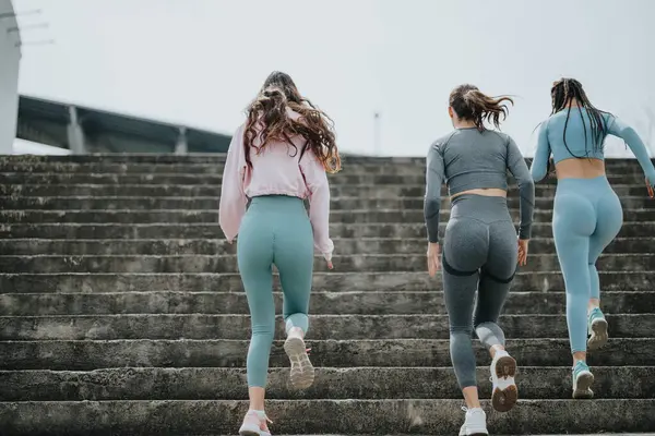 Atletik Tayt Giyen Spor Ayakkabı Giyen Merdivenlere Tırmanan Dostluk Fitness — Stok fotoğraf