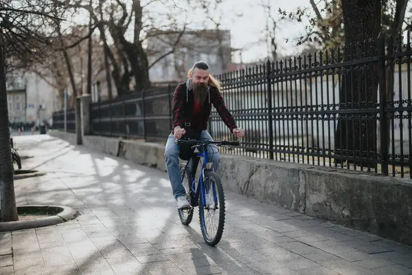 Stylish Businessman Beard Riding Bicycle Urban City Setting Implying Eco — Stock Photo, Image