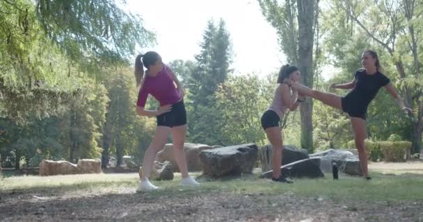 Grupp Kvinnliga Vänner Som Har Rolig Träning Utomhus Omgiven Träd — Stockvideo