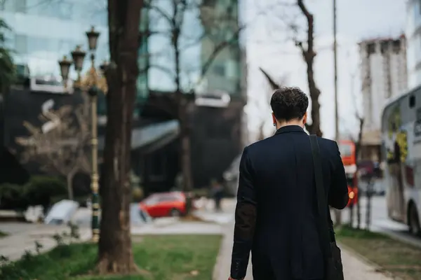 Rear View Young Businessman Walking City Park Skyscrapers Traffic Background — Stock Photo, Image